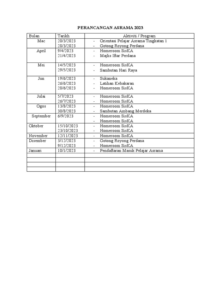 Jadwal Kegiatan Asrama 2023 | PDF