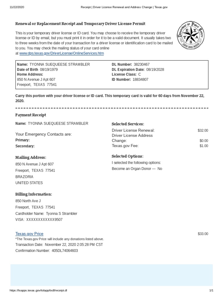 Receipt Driver License Renewal and Address Change Texas Gov PDF
