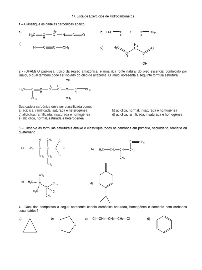 1a Lista de Exercícios de Hidrocarbonetos | PDF