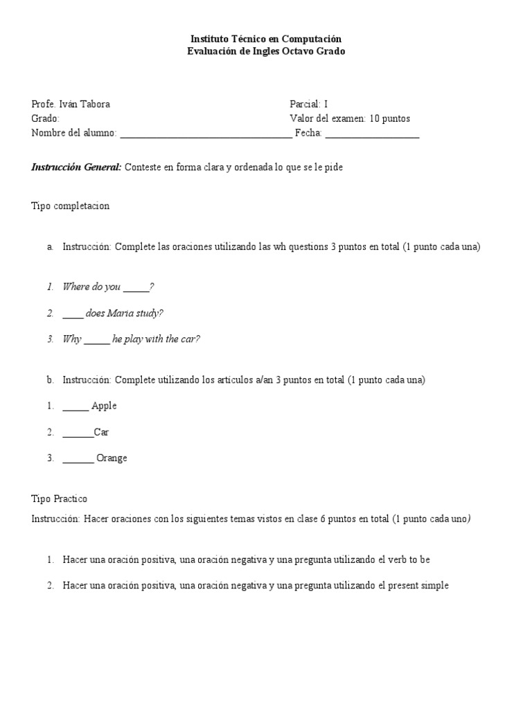 Examen de Inglés para Octavo Grado | PDF