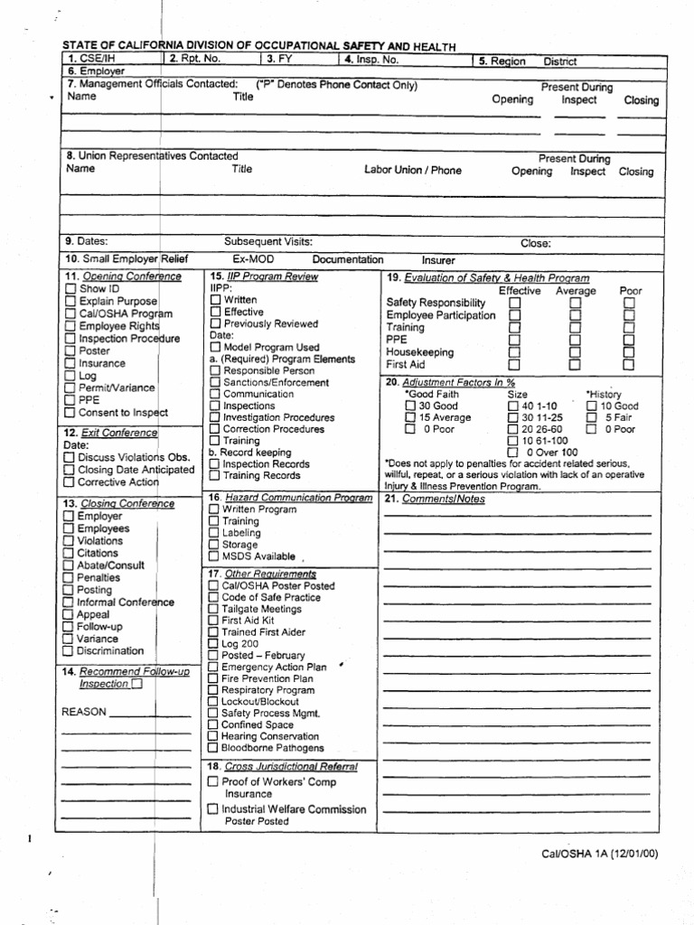 Cal OSHA 1A Inspections Form | PDF | Occupational Safety And Health ...