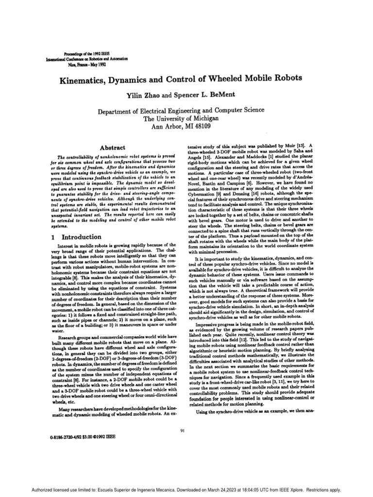 Kinematics Dynamics and Control of Wheeled Mobile Robots PDF | PDF ...