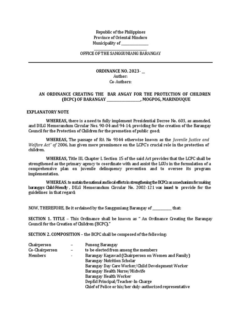 Barangay Council for Child Protection Ordinance | PDF | Social Science