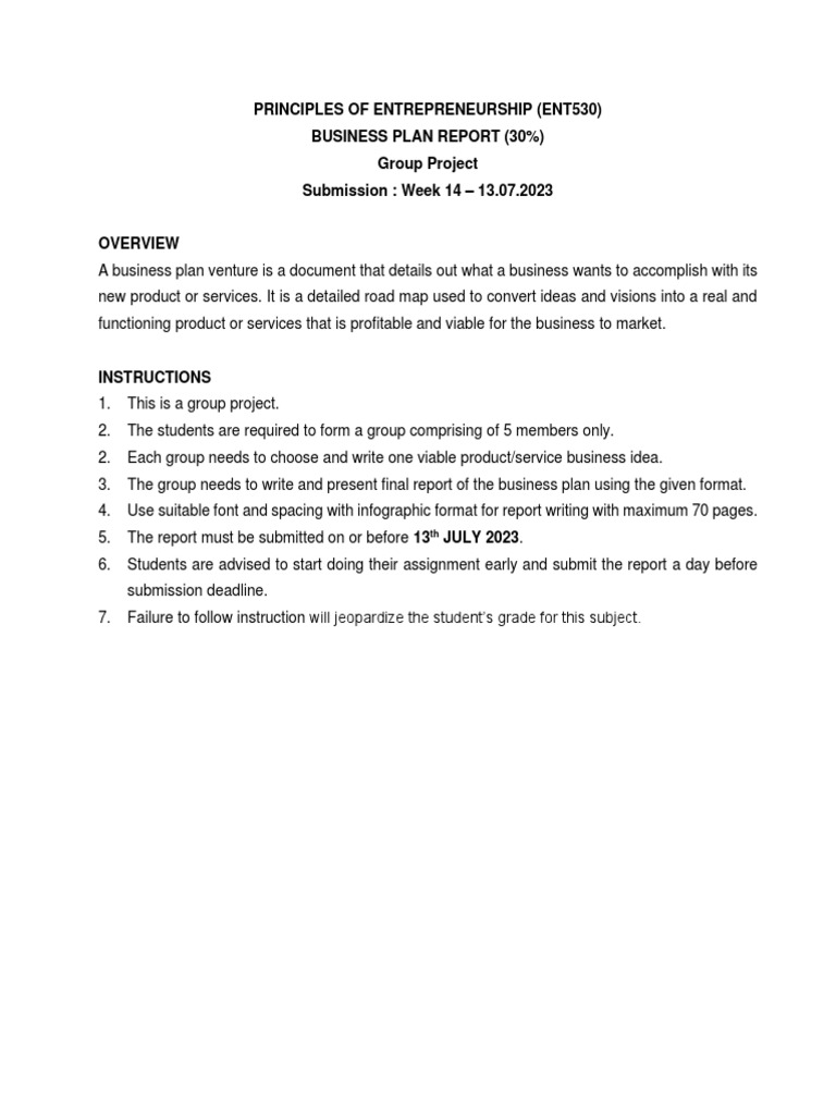 Ent530 - Business Plan Report Guideline - 13.07.2023 PDF | PDF