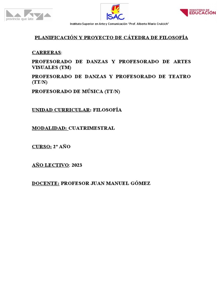 Car tula planificaci n y proyecto de c tedra de filosof a 2023 pdf
