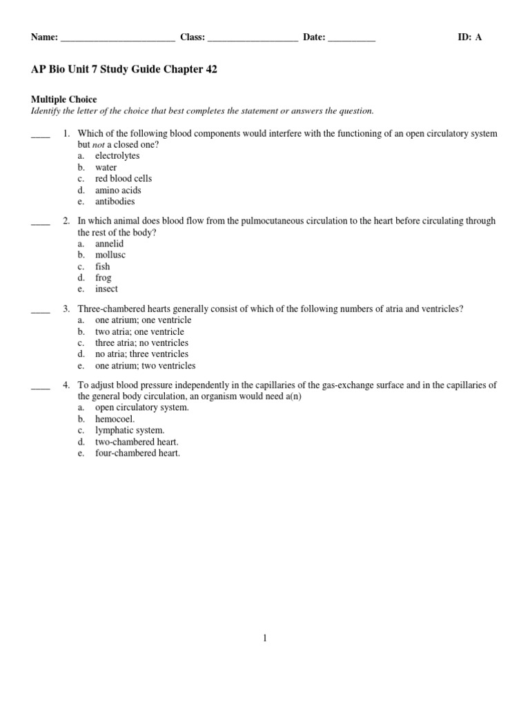 Ap Bio Unit 7 Study Guide Chapter 42 Respiratory System Blood