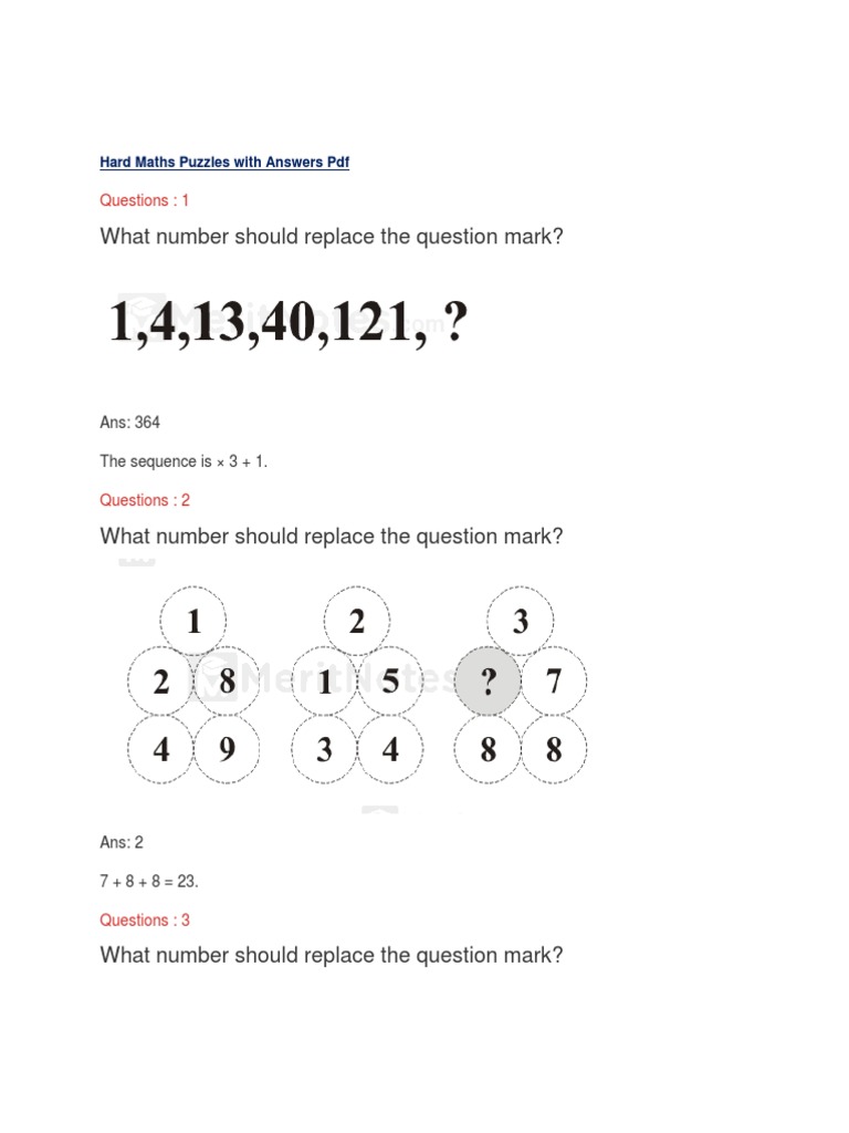  Hard Maths Puzzles With Answers PDF