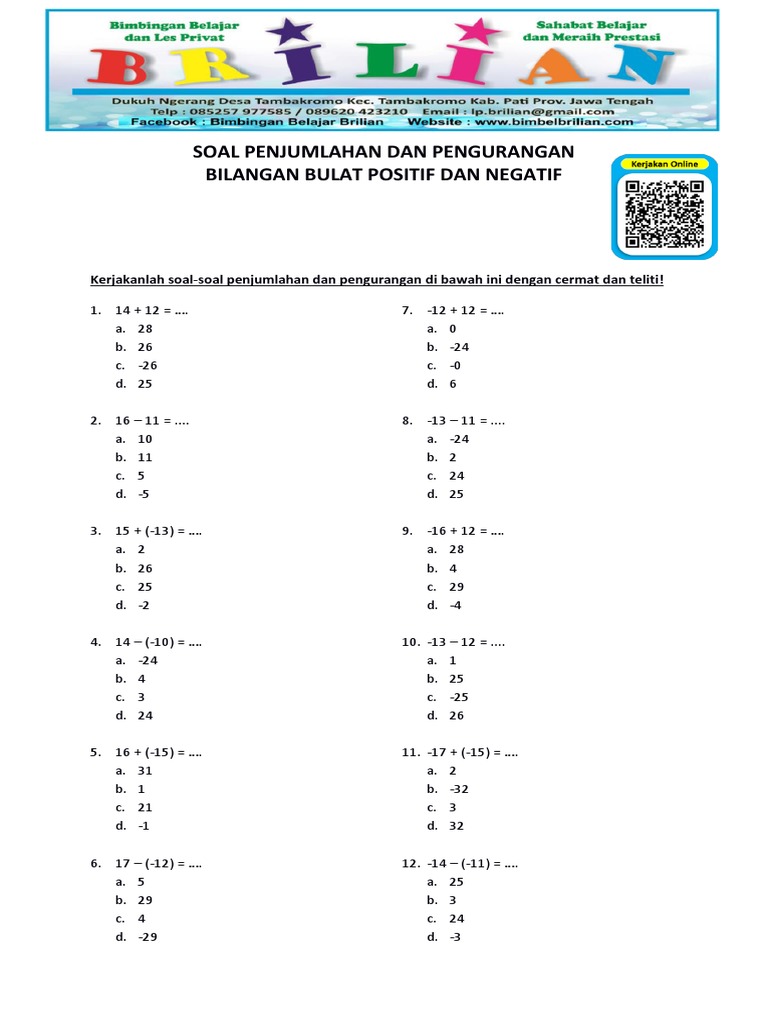 Soal Penjumlahan Dan Pengurangan Bilangan Bulat Positif Dan Negatif ...