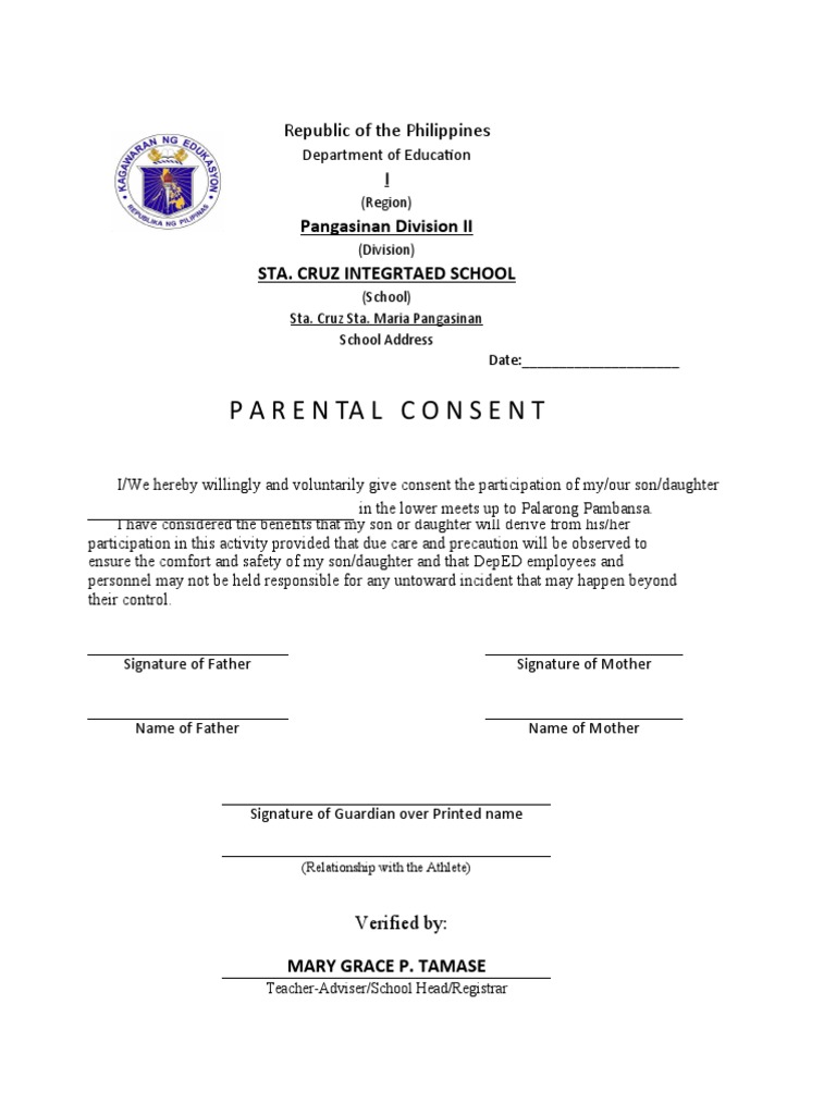 Parental Consent for Palarong Pambansa | PDF | Wellness