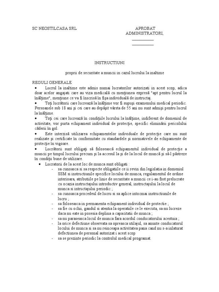 Instructiuni Proprii Lucrul La Inaltime | PDF