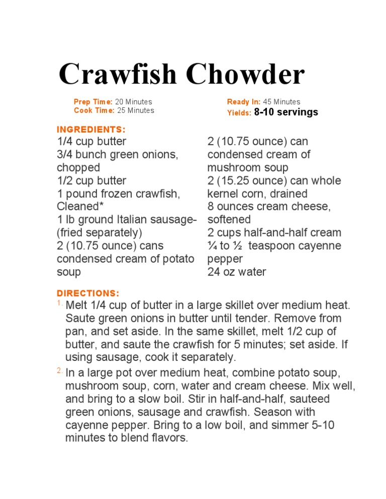 Crawfish Chowder Recipe for 10 Servings | PDF