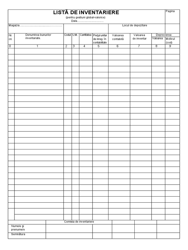 Lista de Inventar Pentru Gestiuni Global-Valorice | PDF