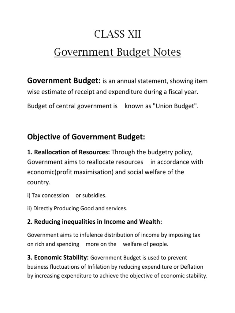 Class 12 Government Budget Notes | PDF | Finance & Money Management ...