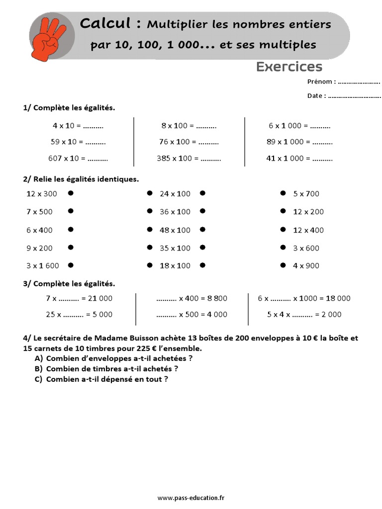 Multiplier Par 10 100 Ou 1000 Cm1 Exercices Cm1 Cm2 Multiplier Les Nombres Entiers Par 10 100 1 000 Et Ses  Multiples PDF | PDF