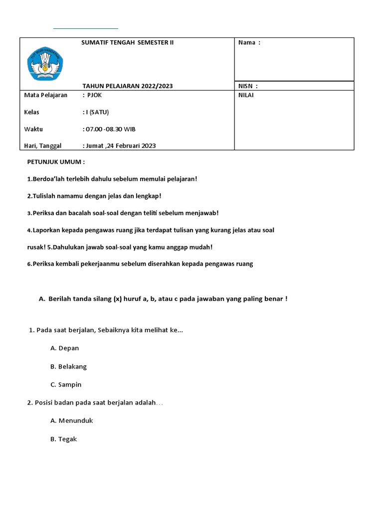 Materi PJOK Kelas 1 Semester 2: Unduh Soal Latihan DOC