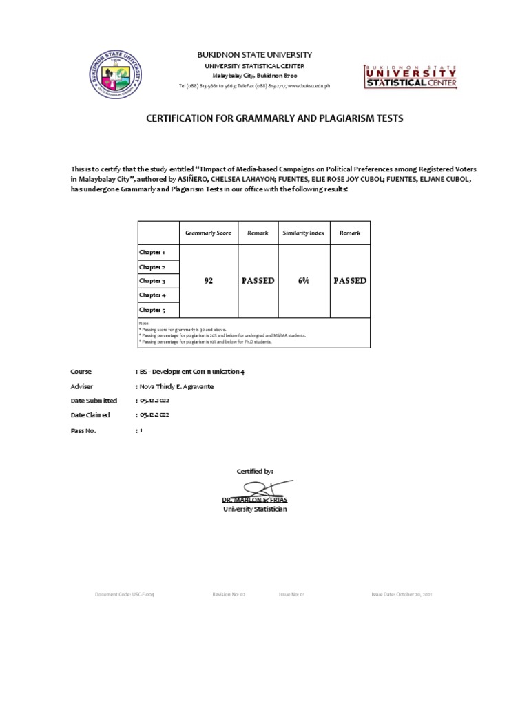 Usc F 004 Certification For Grammarly and Plagiarism Tests Asiñero