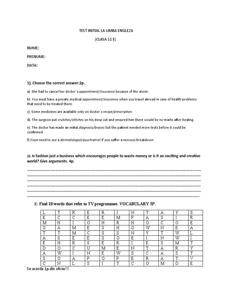 TEST INITIAL LA LIMBA ENGLEZA Cls 11 E Lic.4 | PDF | Medical ...
