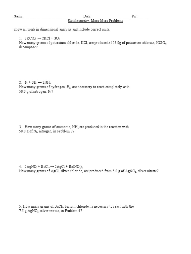 Stoichiometry Mass-Mass Problem Set | PDF | Science & Mathematics ...