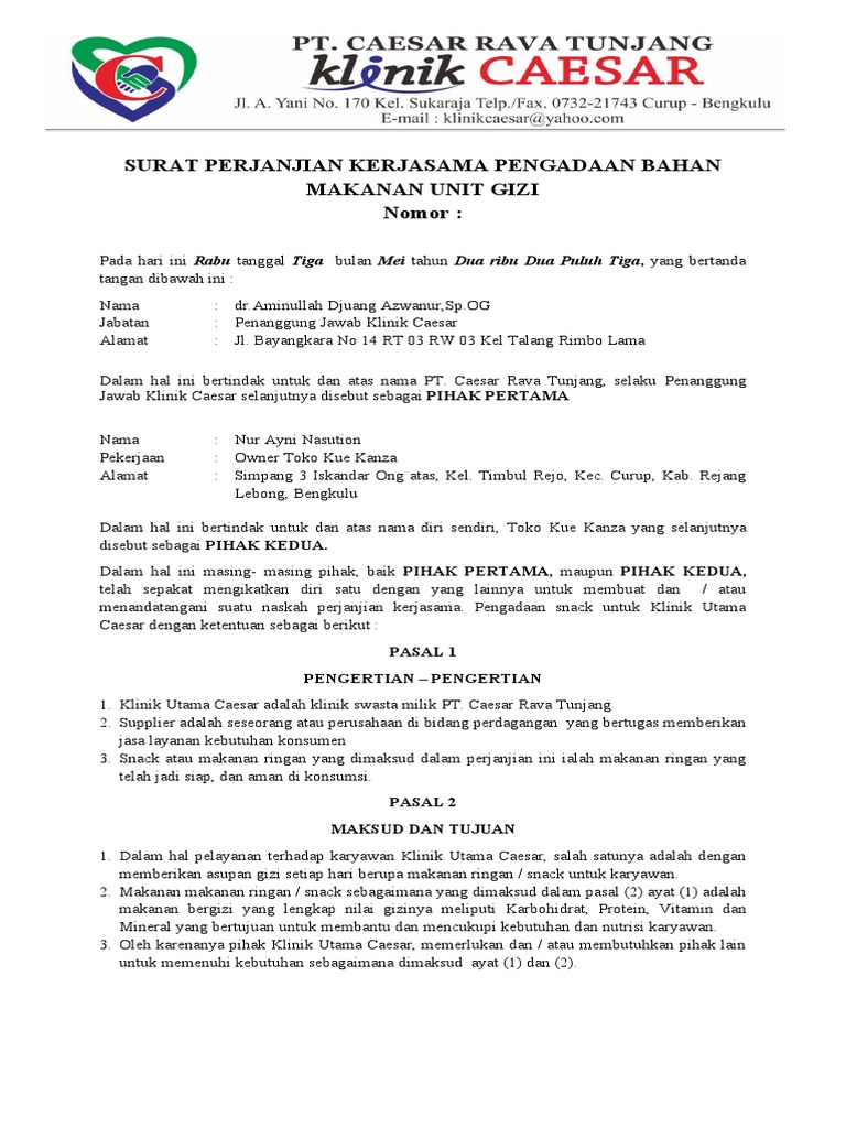 Surat Perjanjian Kerjasama Pengadaan Bahan Makanan Unit Gizi Nomor | PDF | Kesehatan Holistik