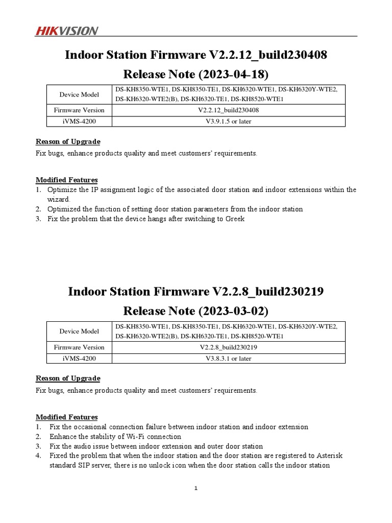 Indoor Station Firmware V2.2.12 - Build230408 Release Note PDF | PDF ...