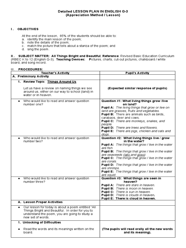 Detailed Lesson Plan in English G3Appreciation Lesson PDF PDF