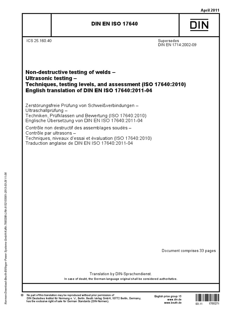 DIN EN ISO 17640 2011 NonDestructive Testing of Welds Ultrasonic