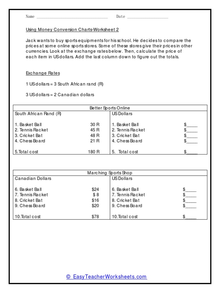 Conversion of Currencies Worksheet 2 | PDF