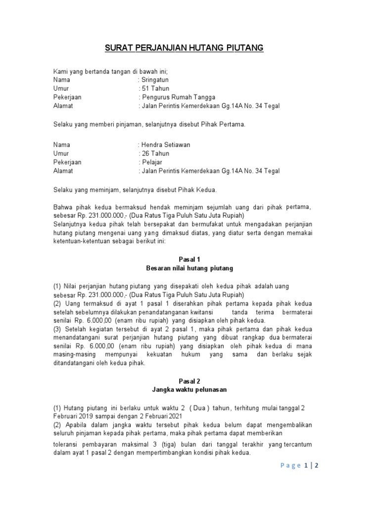 Contoh Surat Perjanjian Hutang Piutang Pdf