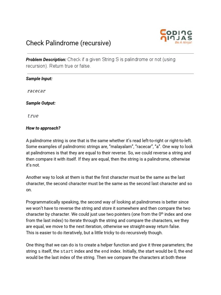 Check palindrome recursive editorial pdf