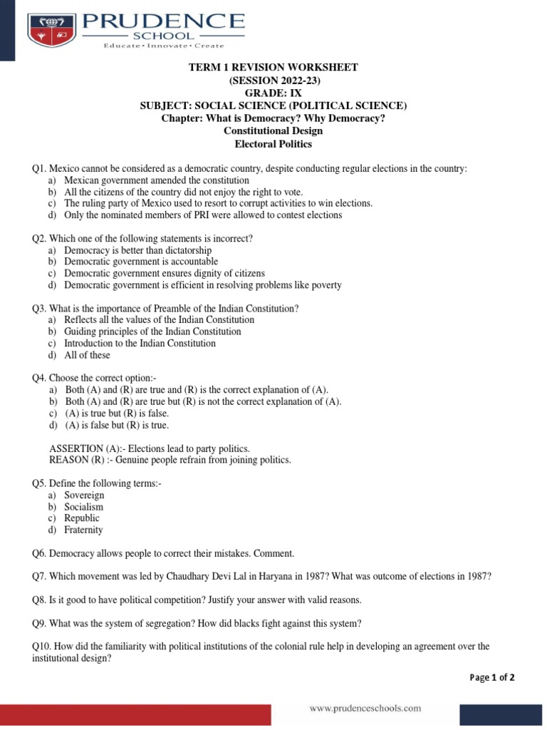 G9 Term 1 Pol - Sc. Worksheet | PDF