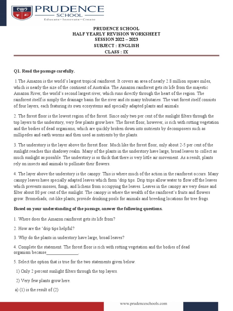 Amazon Rainforest Comprehension Worksheet | PDF | Rainforest | Canopy ...