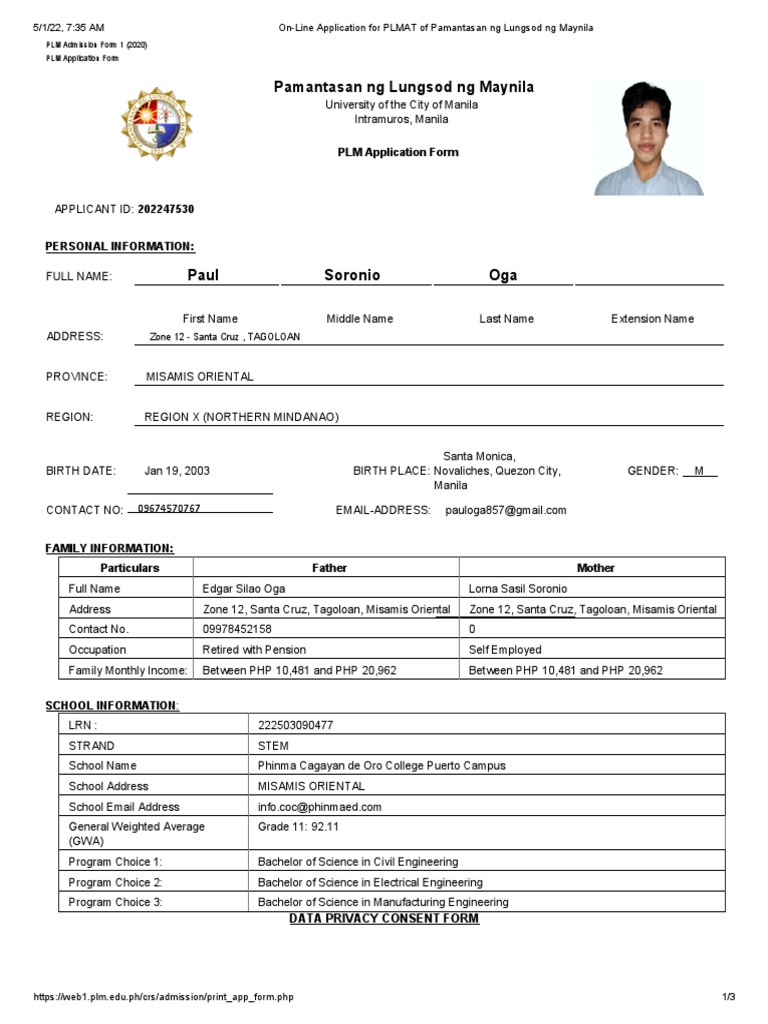 PLM Admission Application Form 2022 | PDF | Government | Justice