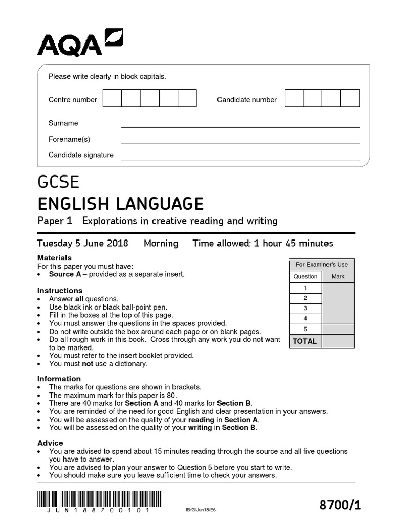 Question Paper - Paper 1 Explorations in Creative Reading and Writing ...