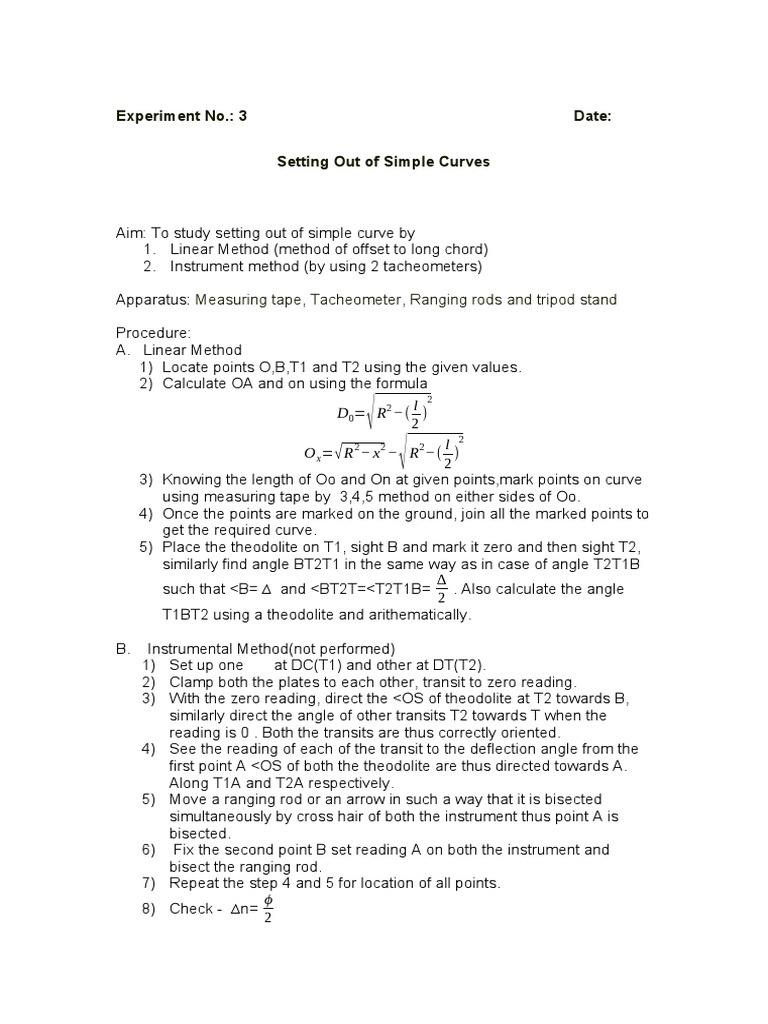 Experiment no 3 date setting out of simple curves pdf elementary