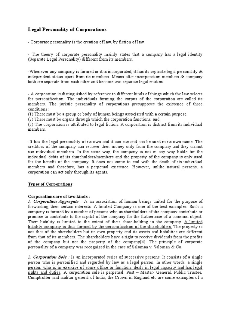 Legal Personality of Corporations PDF | PDF