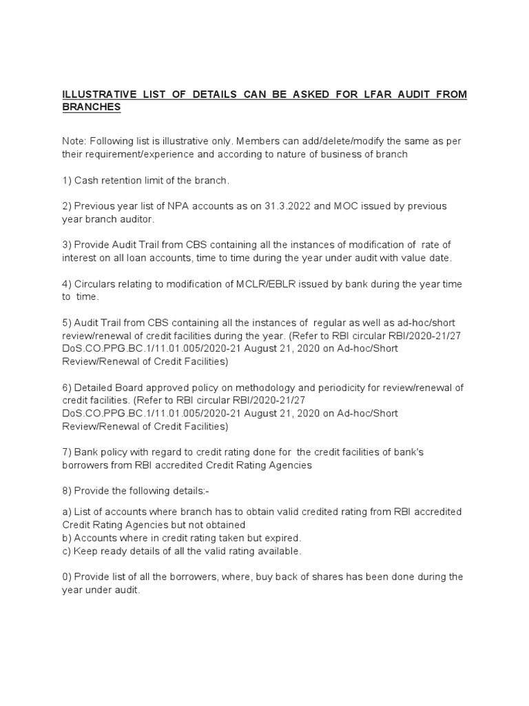 LFAR Audit Details for Bank Branches | PDF