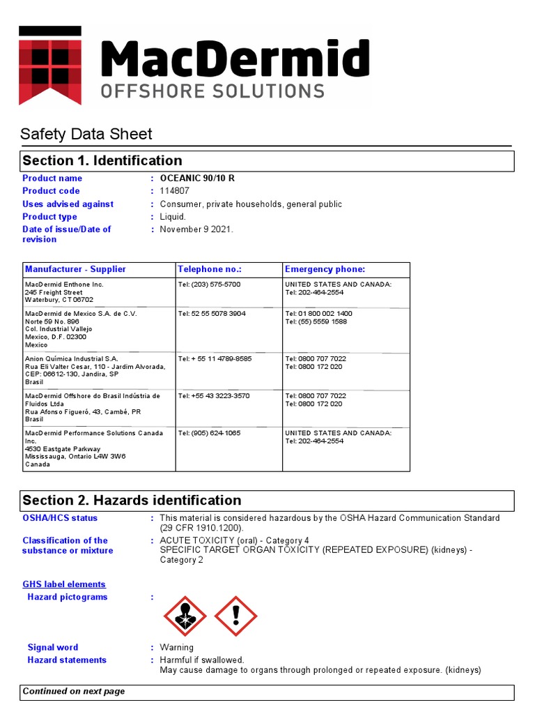 114807_MacDermid Offshore OCEANIC 90_10R SDS GHS Americas_English (US
