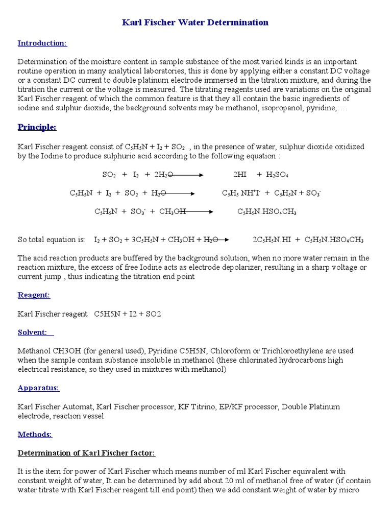 Karl fischer water determination pdf titration chemistry