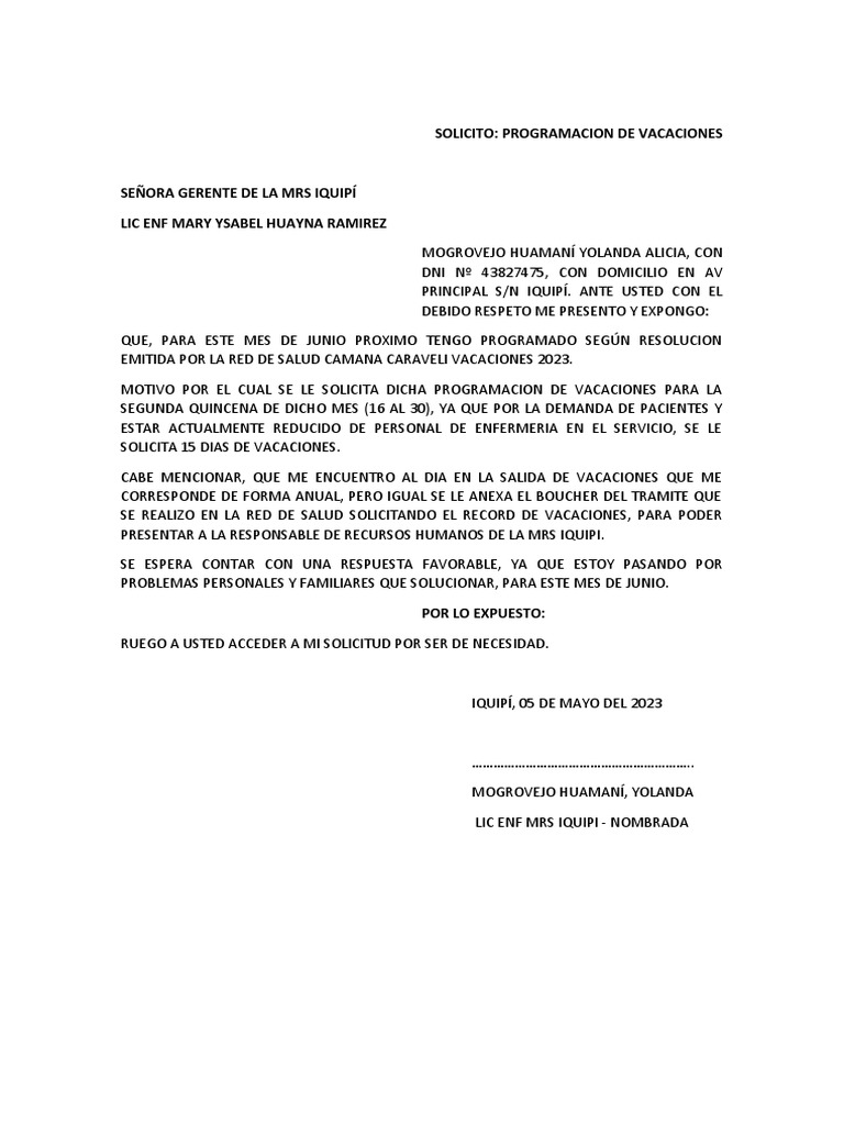 SOLICITO Vacaciones MRS IQUIPI | PDF