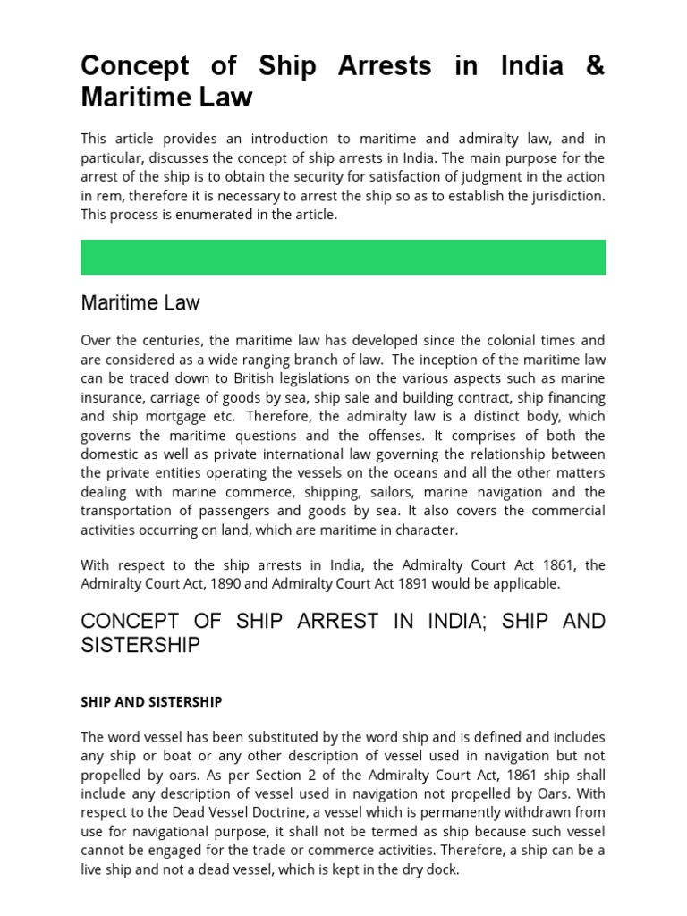 Concept of Ship Arrests in India.docx PDF Admiralty Law In Rem