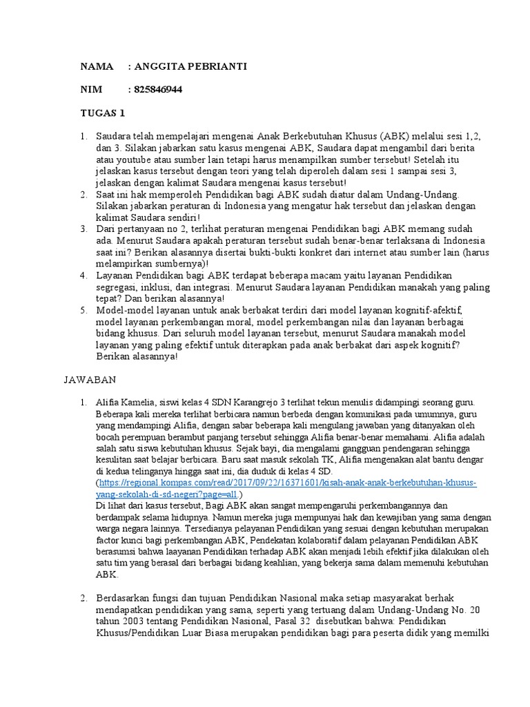 Tugas 1 Pengantar Pendidikan Abk Docx Pdf