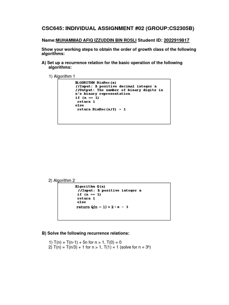 CSC645 Group Project: Recurrence Relations | PDF