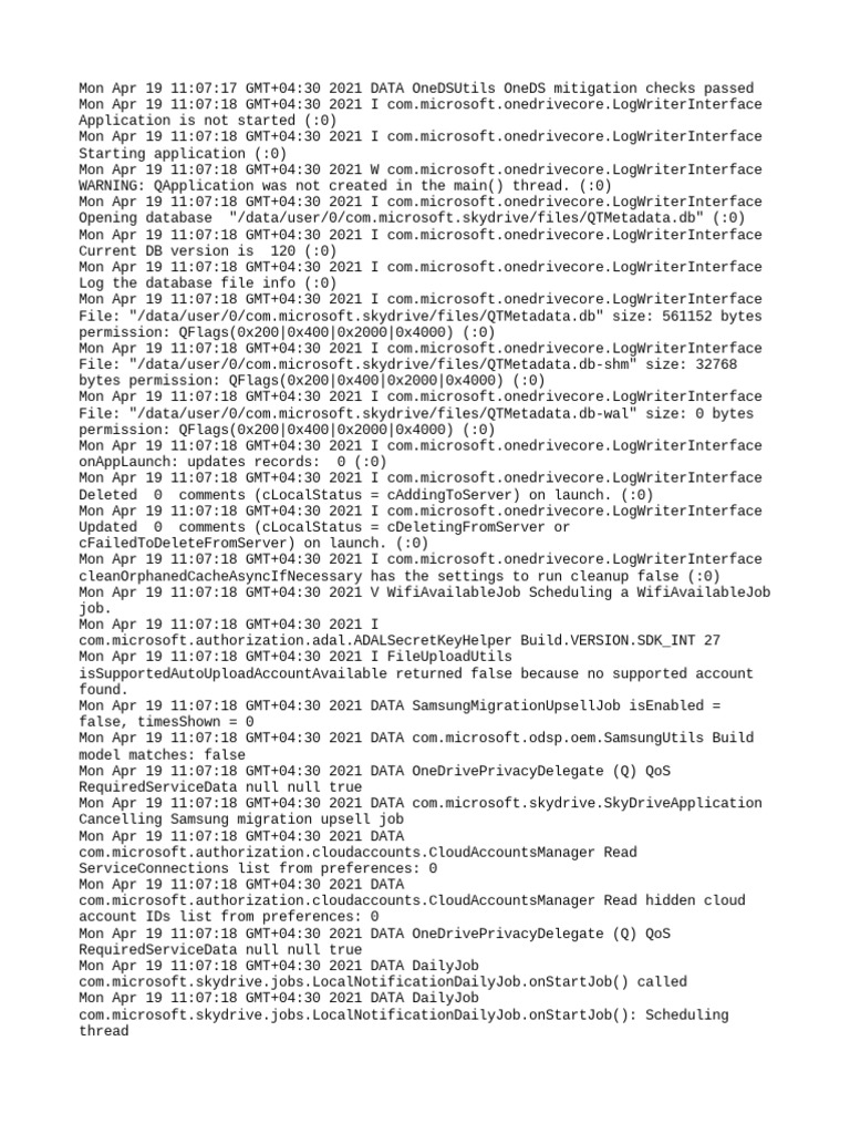 OneDrive Application Log File Recording Startup Process and Daily