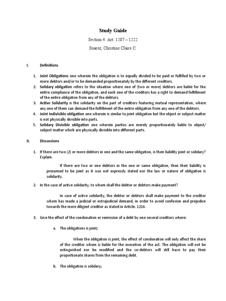 Solidary and Joint Obligations Explained | PDF | Debtor | Debt