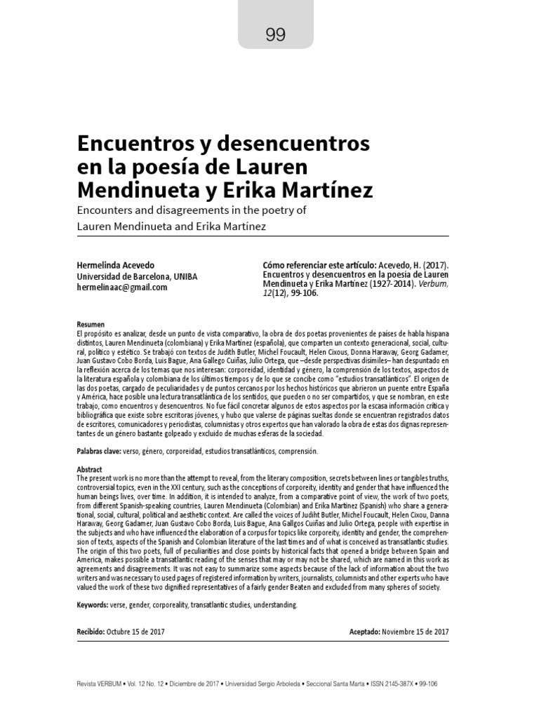 Encuentros y Desesncuentros en La Poesia de Lauren Mendinueta y Erika