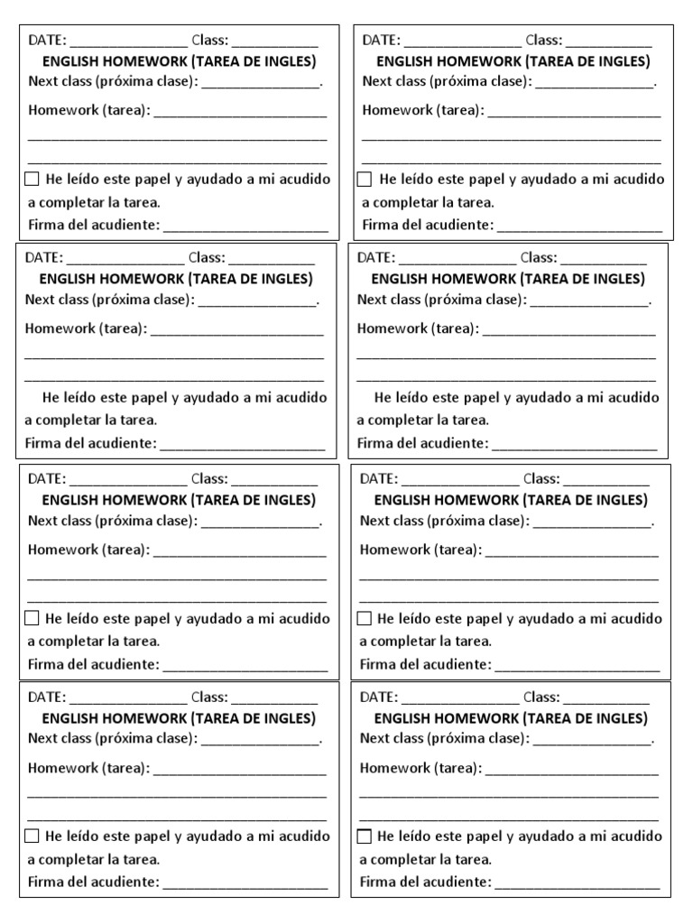 Weekly English Homework Assignments And Sign Off Sheets Pdf