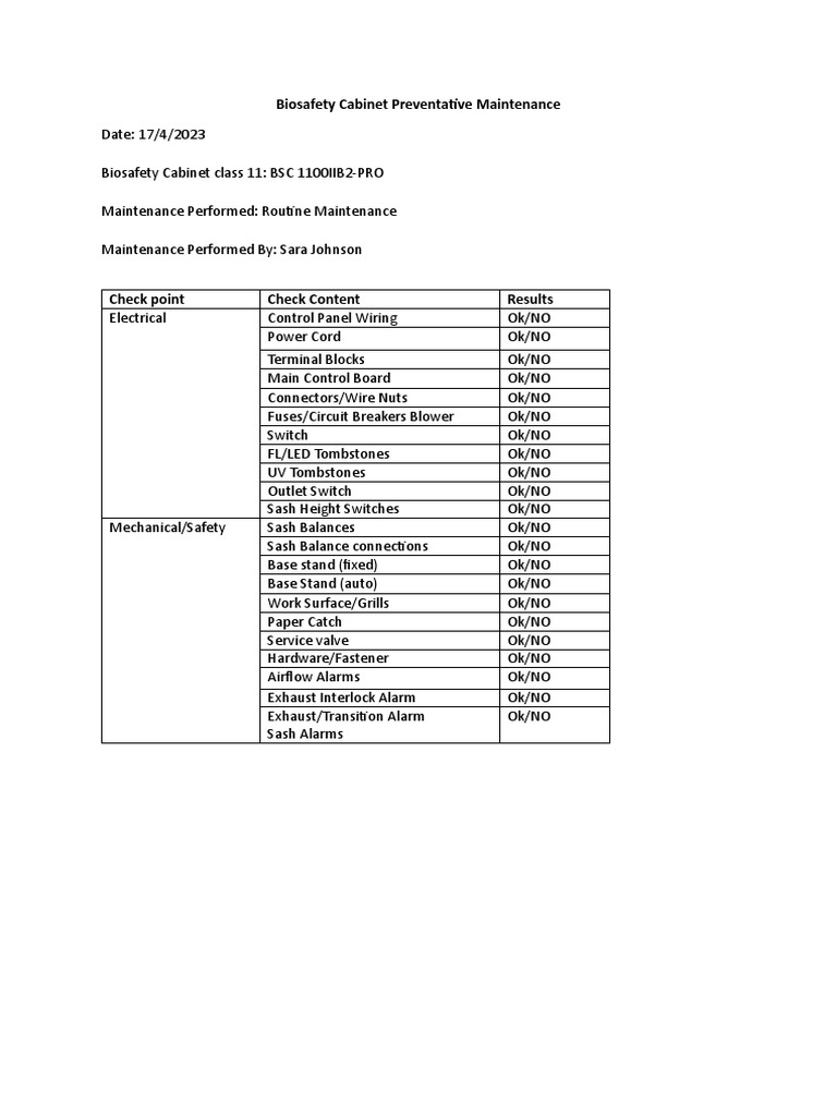 Biosafety Cabinet Preventative Maintenance | PDF