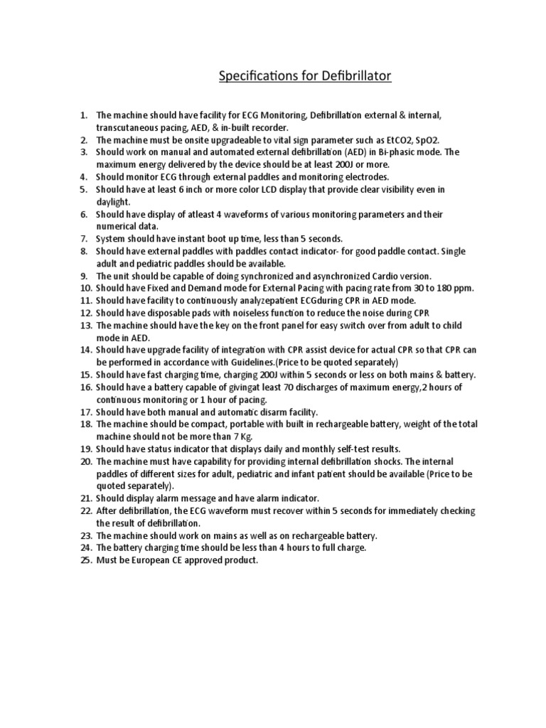 Defibrillator Specifications Overview | PDF | Cardiopulmonary ...