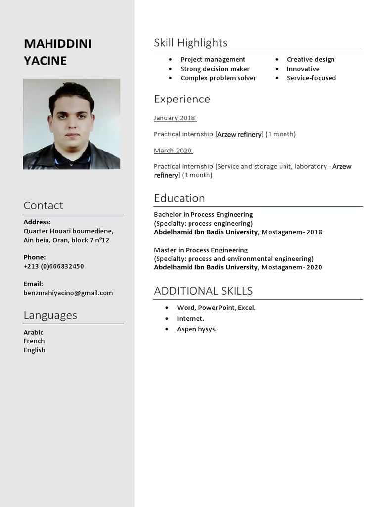 Yacine Mahiddini's Process Engineering Skills & Experience | PDF