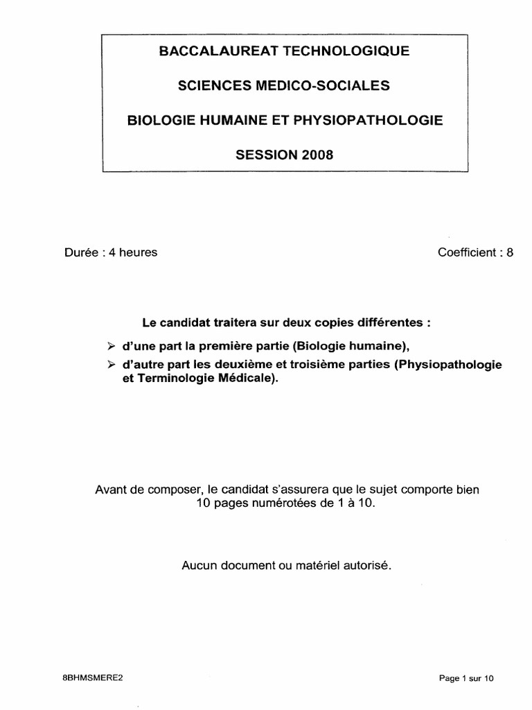 Sujet Et Corrige Bac Sms Septembre 2008 Biologie Humaine Et ...